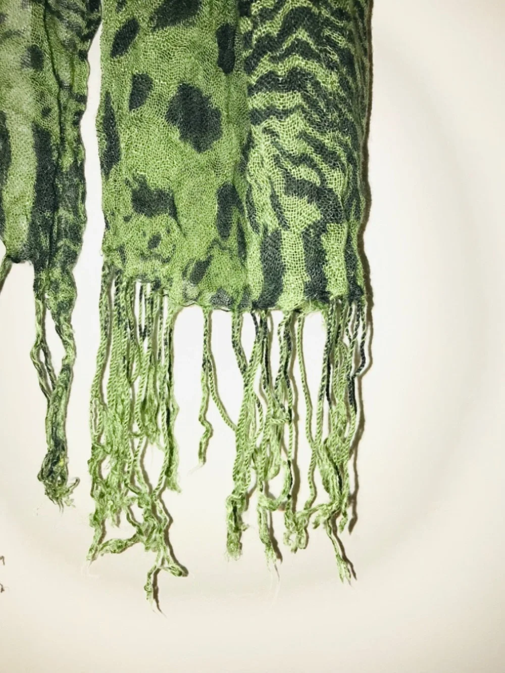 Y2K Black Green Tiger Animal Print Lightweight Fringe Scarf Indie Sleaze 2010s